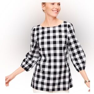 Talbots Black & White Buffalo Check Boat Neck Balloon Sleeve Top Blouse Size XS